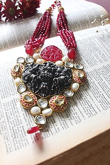 Gold Finish Red Beaded Temple Long Necklace