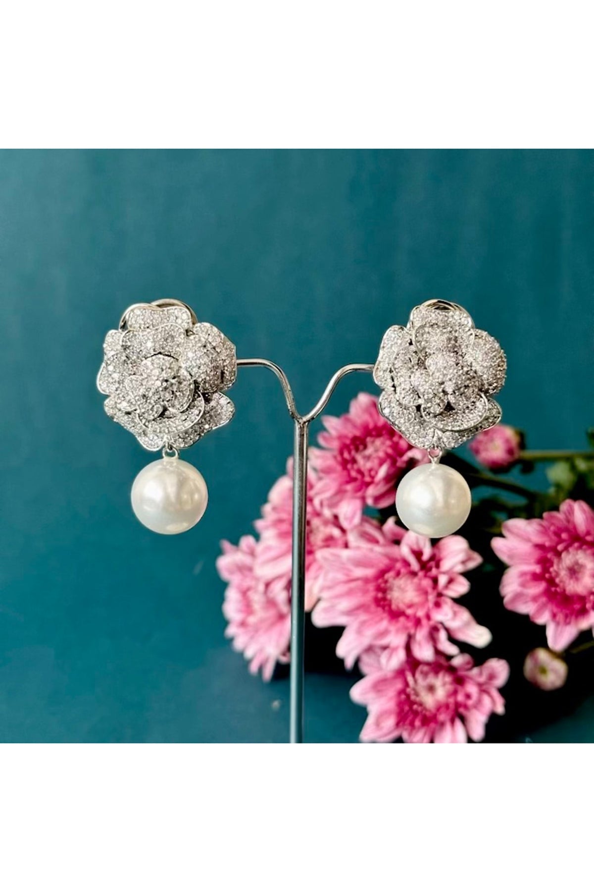 White Finish Floral Stud Earrings