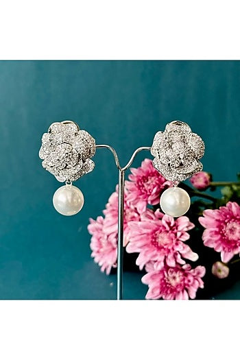 White Finish Floral Stud Earrings