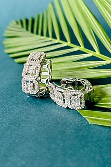 White Finish Cz Diamond Hoop Earrings