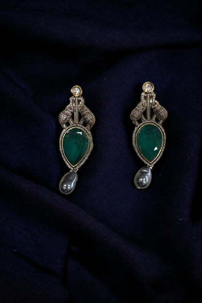 Black Rhodium Finish CZ Stone & Emerald Doublet Stone Stud Earrings