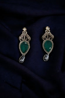 Black Rhodium Finish CZ Stone & Emerald Doublet Stone Stud Earrings