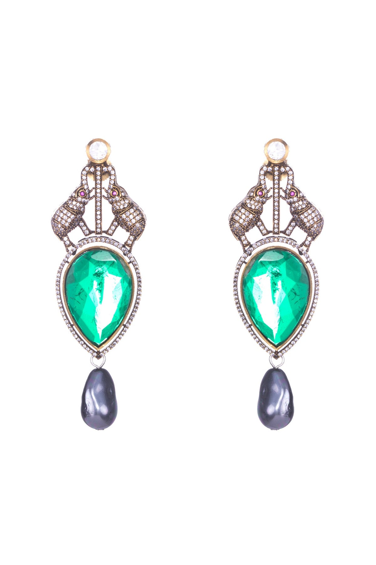 Black Rhodium Finish CZ Stone & Emerald Doublet Stone Stud Earrings