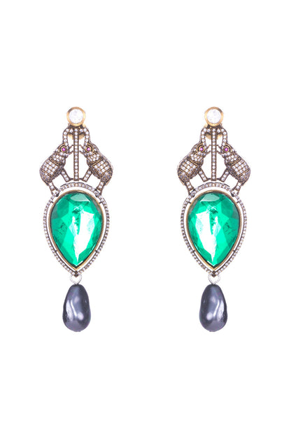 Black Rhodium Finish CZ Stone & Emerald Doublet Stone Stud Earrings