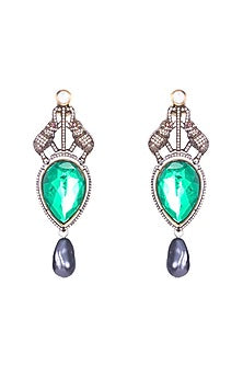 Black Rhodium Finish CZ Stone & Emerald Doublet Stone Stud Earrings