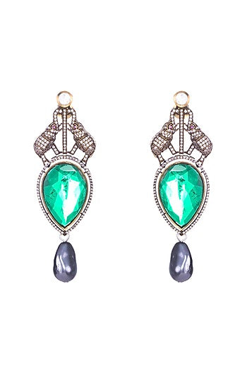 Black Rhodium Finish CZ Stone & Emerald Doublet Stone Stud Earrings