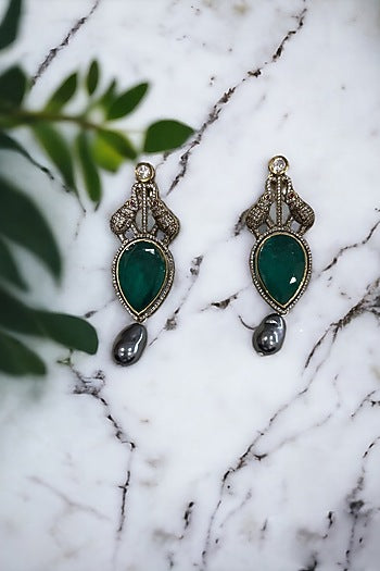 Black Rhodium Finish CZ Stone & Emerald Doublet Stone Stud Earrings