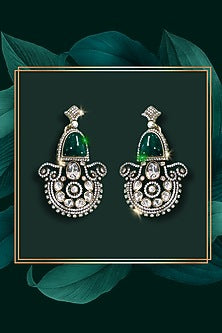 Black Rhodium Finish Kundan Polki & Emerald Green Stone Dangler Earrings