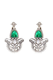 Black Rhodium Finish Kundan Polki & Emerald Green Stone Dangler Earrings