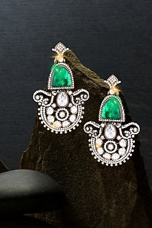 Black Rhodium Finish Kundan Polki & Emerald Green Stone Dangler Earrings