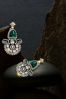 Black Rhodium Finish Kundan Polki & Emerald Green Stone Dangler Earrings