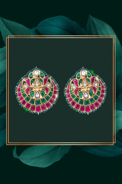 Gold Finish Kundan Polki & Green Stone Jadau Dangler Earrings