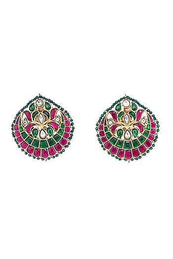 Gold Finish Kundan Polki & Green Stone Jadau Dangler Earrings