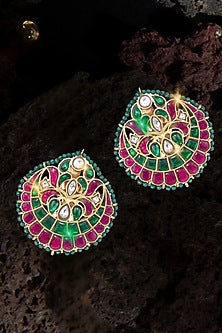 Gold Finish Kundan Polki & Green Stone Jadau Dangler Earrings