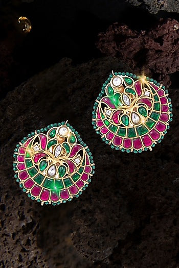 Gold Finish Kundan Polki & Green Stone Jadau Dangler Earrings