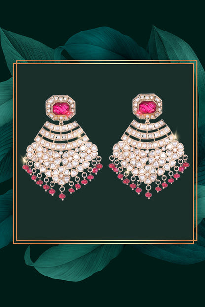Gold Finish Kundan Polki & Red Semi-Precious Beaded Dangler Earrings