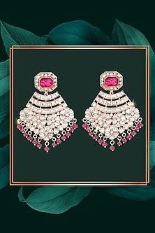 Gold Finish Kundan Polki & Red Semi-Precious Beaded Dangler Earrings