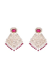 Gold Finish Kundan Polki & Red Semi-Precious Beaded Dangler Earrings