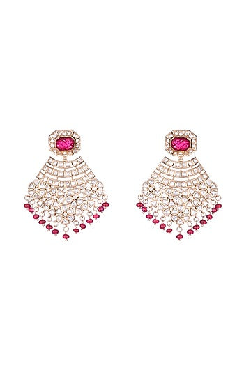 Gold Finish Kundan Polki & Red Semi-Precious Beaded Dangler Earrings