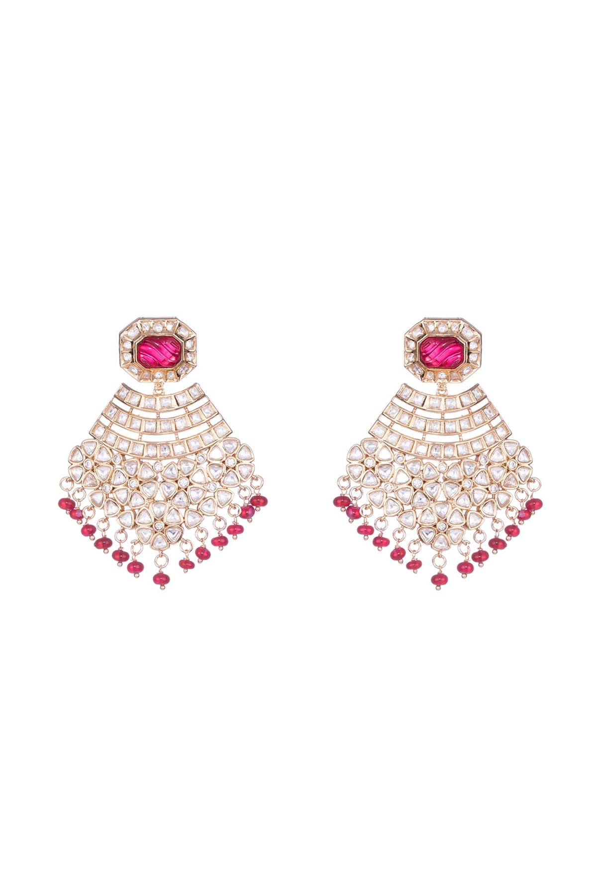 Gold Finish Kundan Polki & Red Semi-Precious Beaded Dangler Earrings