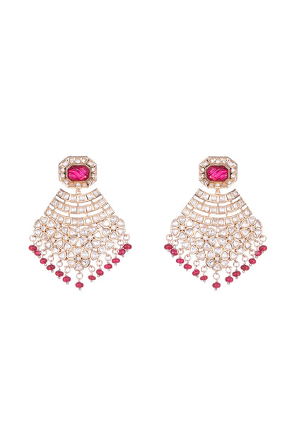 Gold Finish Kundan Polki & Red Semi-Precious Beaded Dangler Earrings