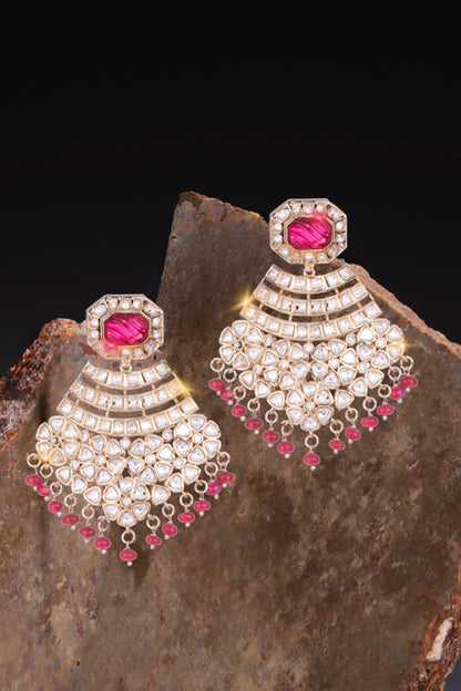 Gold Finish Kundan Polki & Red Semi-Precious Beaded Dangler Earrings