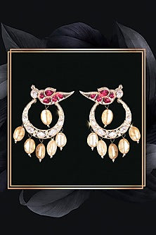 Gold Finish Kundan Polki & Red Pearl Enameled Chandbali Earrings