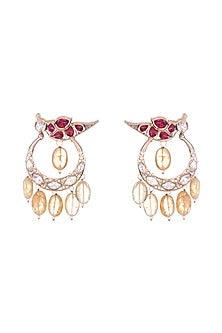 Gold Finish Kundan Polki & Red Pearl Enameled Chandbali Earrings