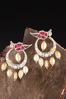 Gold Finish Kundan Polki & Red Pearl Enameled Chandbali Earrings