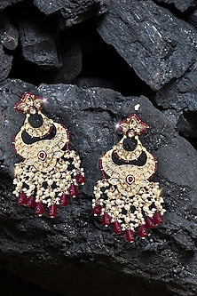 Gold Finish Red Kundan Polki Chandbali Earrings