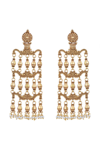 Gold Plated Temple Style Long Earrings