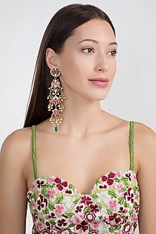 Gold Plated Jadau Stone Long Earrings