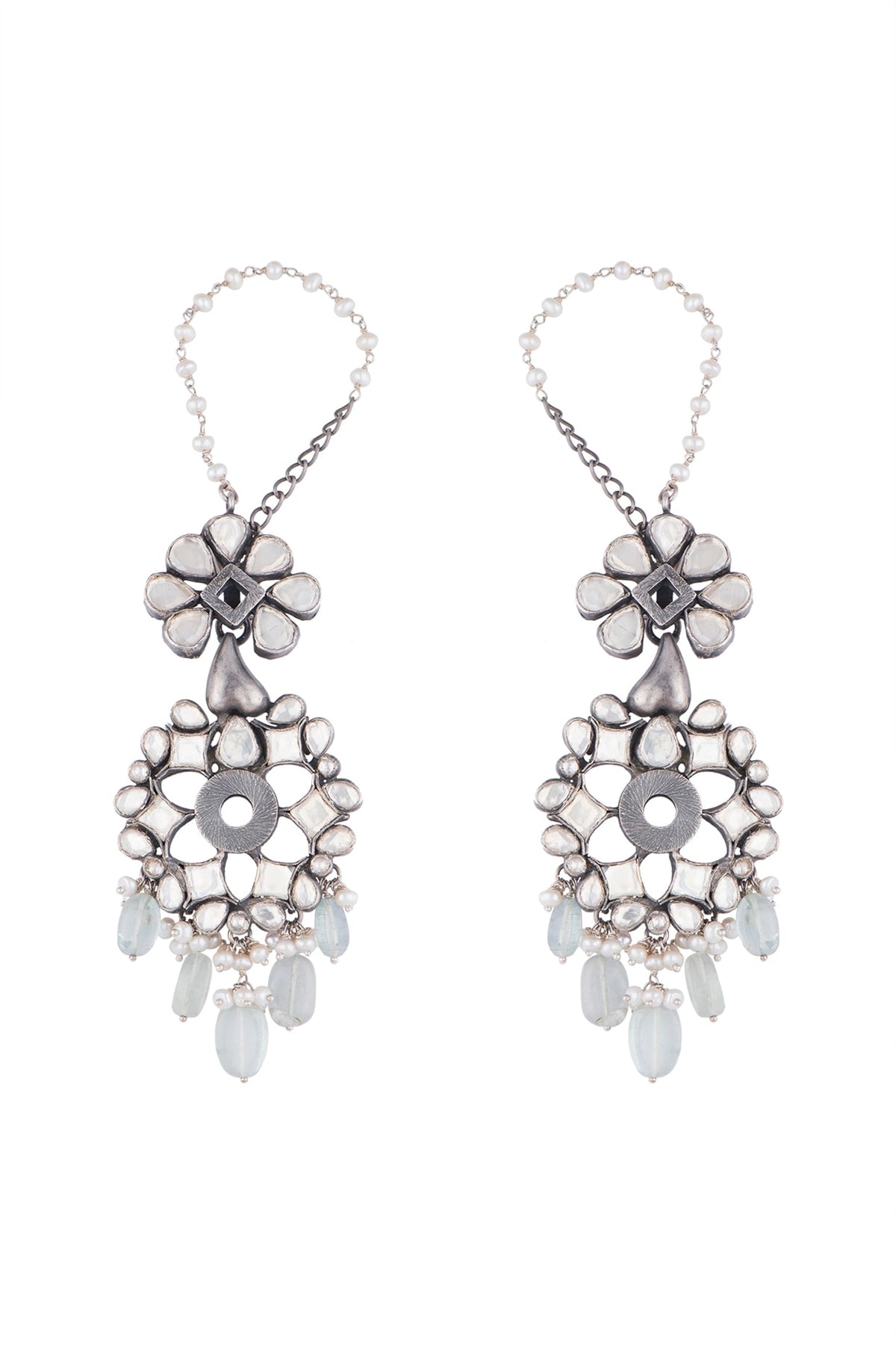 Oxidised Silver Finish Polki Earrings
