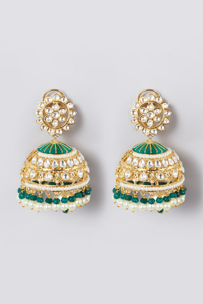 Gold Finish Kundan Polki Jhumka Earrings