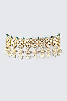 Gold Finish Kundan Polki & Pearl Choker Necklace