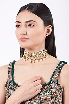 Gold Finish Kundan Polki & Pearl Choker Necklace