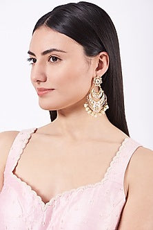Gold Finish Enameled Earrings With Kundan Polki