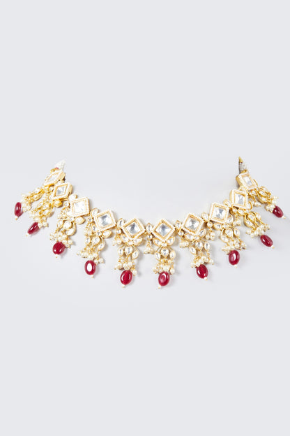 Gold Finish Ruby Beaded Choker Necklace