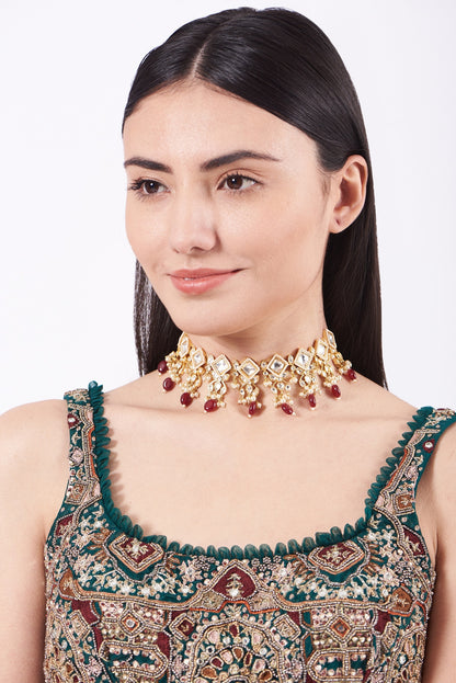 Gold Finish Ruby Beaded Choker Necklace
