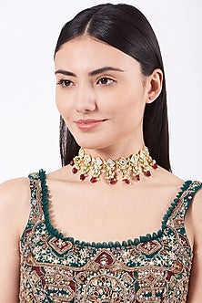 Gold Finish Ruby Beaded Choker Necklace