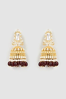 Gold Finish Red Beaded Jhumka Earrings