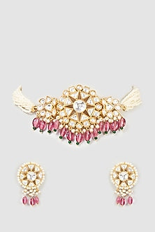 Gold Finish Pink Kundan Polki Choker Necklace Set
