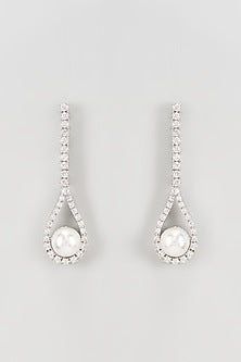 White Rhodium Finish Faux Diamond Dangler Earrings