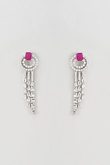 White Rhodium Finish Faux Diamond & Ruby Stones Dangler Earrings