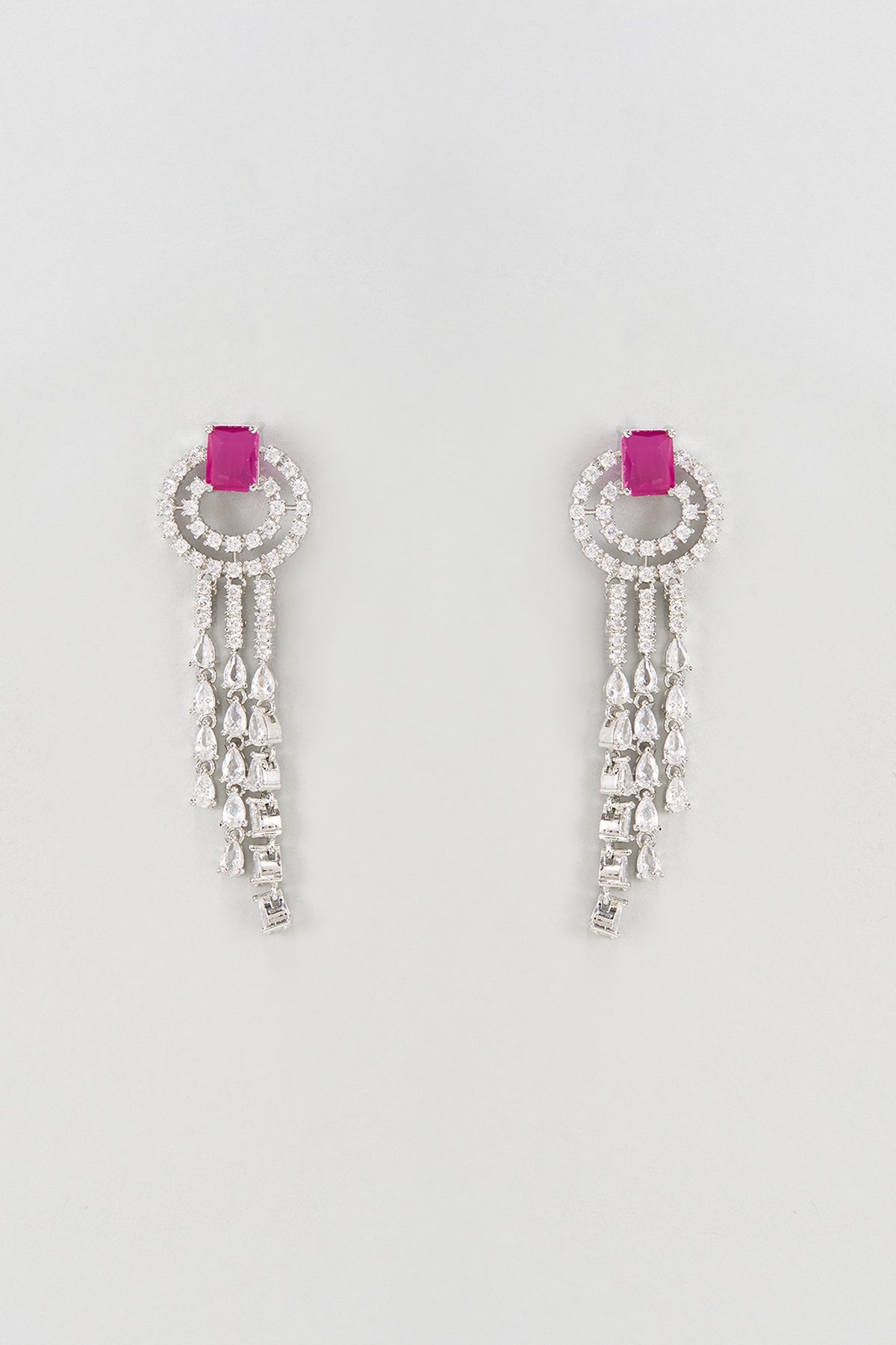 White Rhodium Finish Faux Diamond & Ruby Stones Dangler Earrings