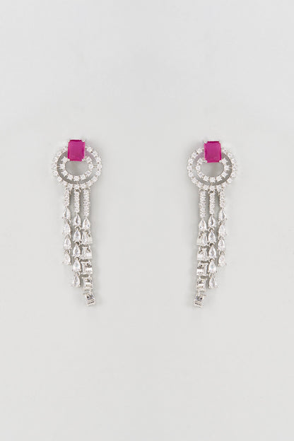 White Rhodium Finish Faux Diamond & Ruby Stones Dangler Earrings
