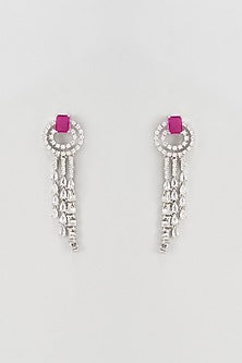White Rhodium Finish Faux Diamond & Ruby Stones Dangler Earrings