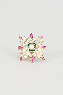Gold Plated Kundan Polki & Pink Stones Ring