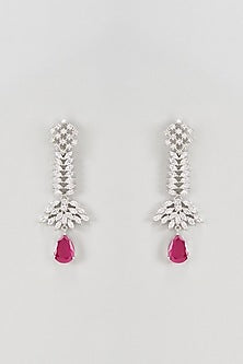 White Rhodium Finish Faux Diamond & Ruby Stones Dangler Earrings