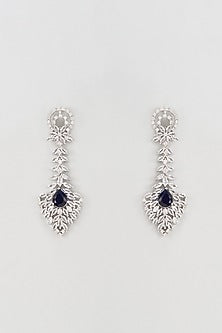 White Rhodium Finish Faux Diamond & Black Stones Dangler Earrings